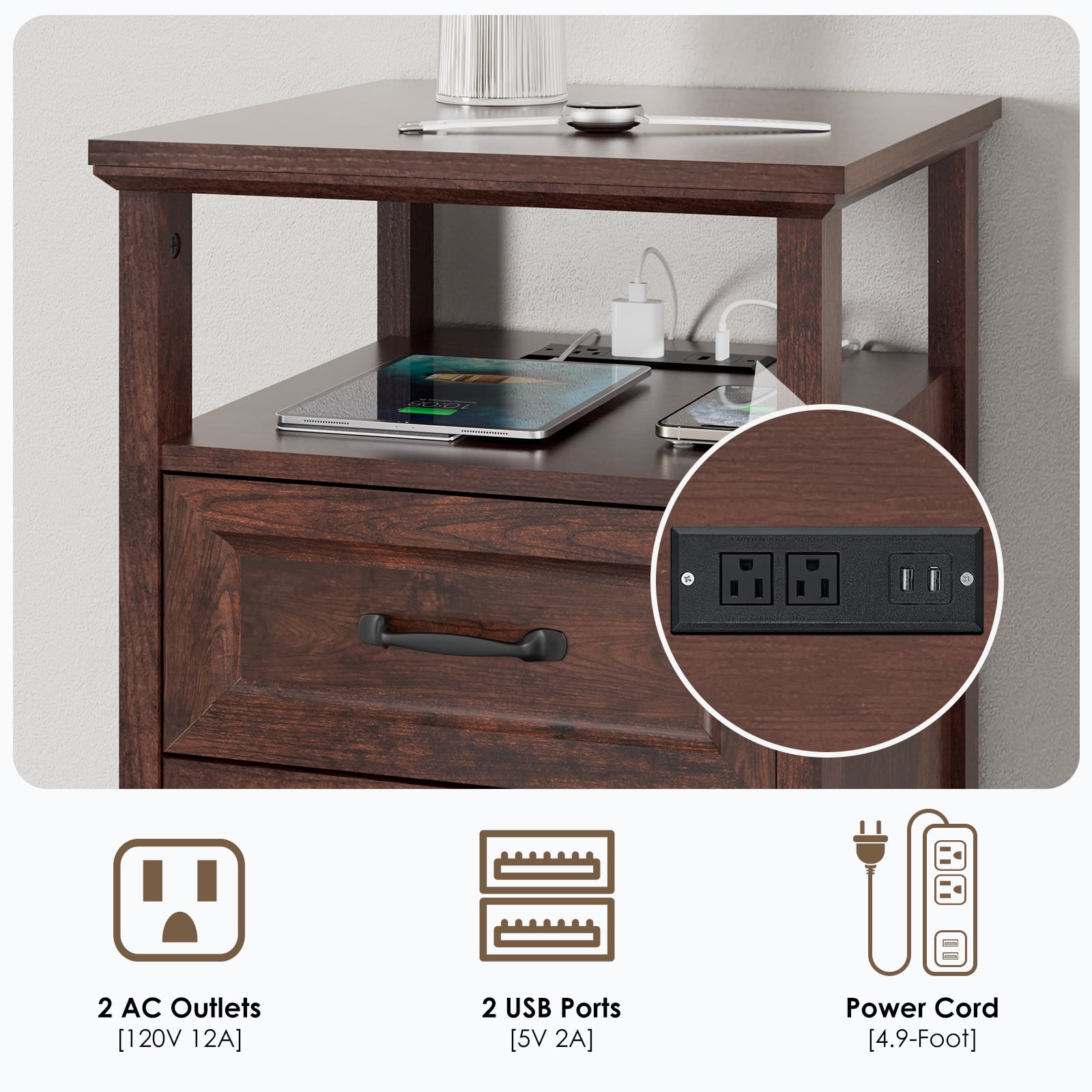 Hommpa Farmhouse End Tables for Living Room, Nightstand with Charging Station, Rustic Sofa Side Table with 2 Drawers and Storage Shelf, Bedside Cabinet for Bedroom, Brown