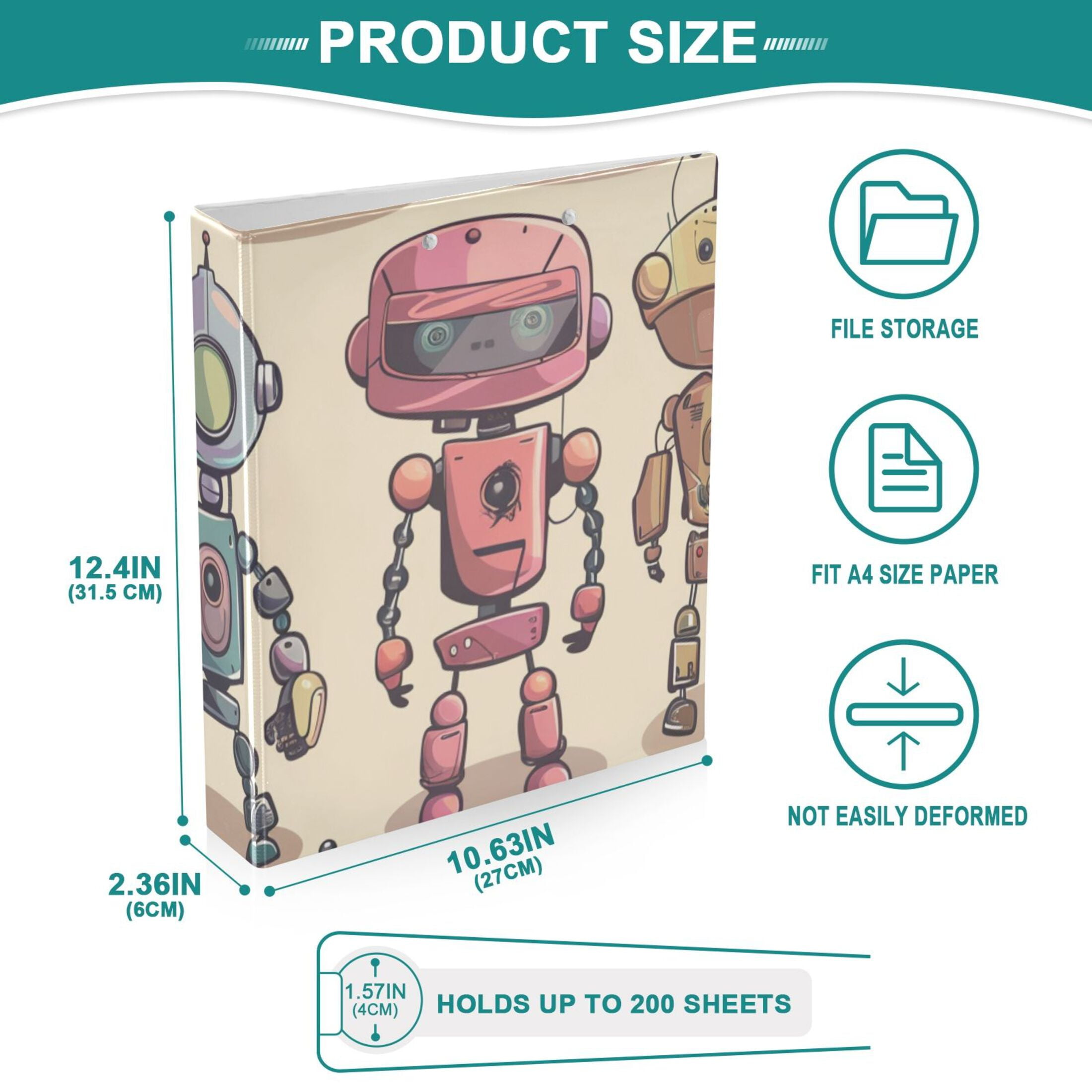 Robots 3 Ring Binders 1.5 inch Hardcover File Folders with Interior Pockets A4 Size Organizer for School Office Hospital