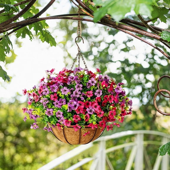 Ljiaocrou Artificial Hanging Plants Basket, Faux Violet Flowers, Outdoor Decorative Hanging Planter with Iron Frame and Coir Liner, Balcony Garden Wedding Home Decor