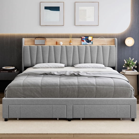 Bingirl Upholstered Queen Size Bed Frame with Storage Headboard, Drawers, Charging Station - Noise-Free, Easy Assembly, No Box Spring Needed, Light Grey