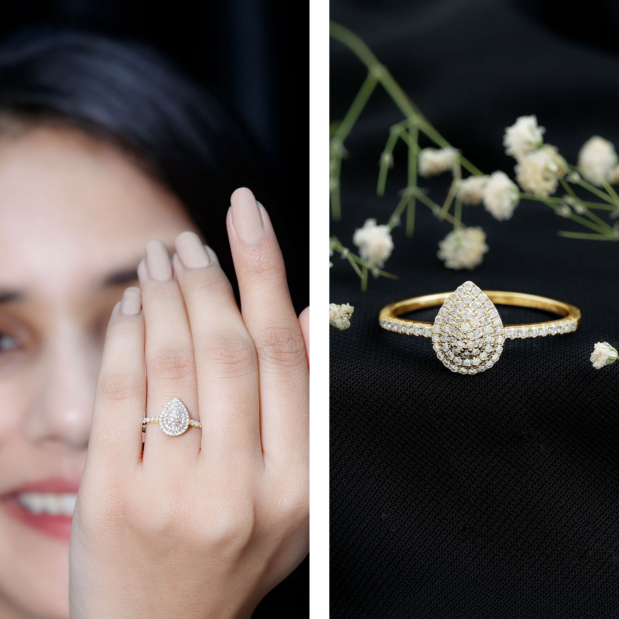 Rosec Jewels Certified Moissanite Pear Shape Engagement Ring for Women, 14K Yellow Gold, US 3.50
