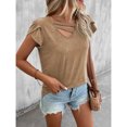 thumbnail image 4 of Women Petal Sleeve Top Casual V Neck Plain Color Dressy Loose Fit Summer Basic Tee Top Khaki M, 4 of 7