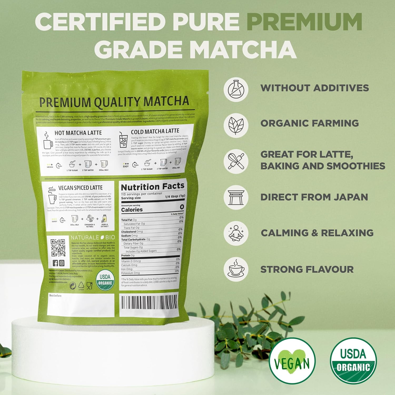 NaturaleBio Organic Matcha Green Tea Powder USDA Organic, Gluten-Free 4 oz