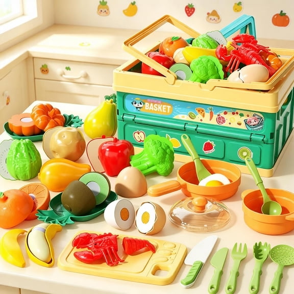 Kids Cutting Play Food Pretend Kitchen Toys Set, Cuttable Fruits Vegetables Pizza Cookware Utensils, Educational Fine Motor Skills Toy, Birthday Gift for Toddler Boys Girls Ages 3 4 5 6 Years Old