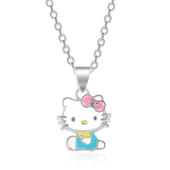 Sanrio Hello Kitty Brass Silver Plated Enamel Seated Necklace - 18'' Chain, Officially Licensed