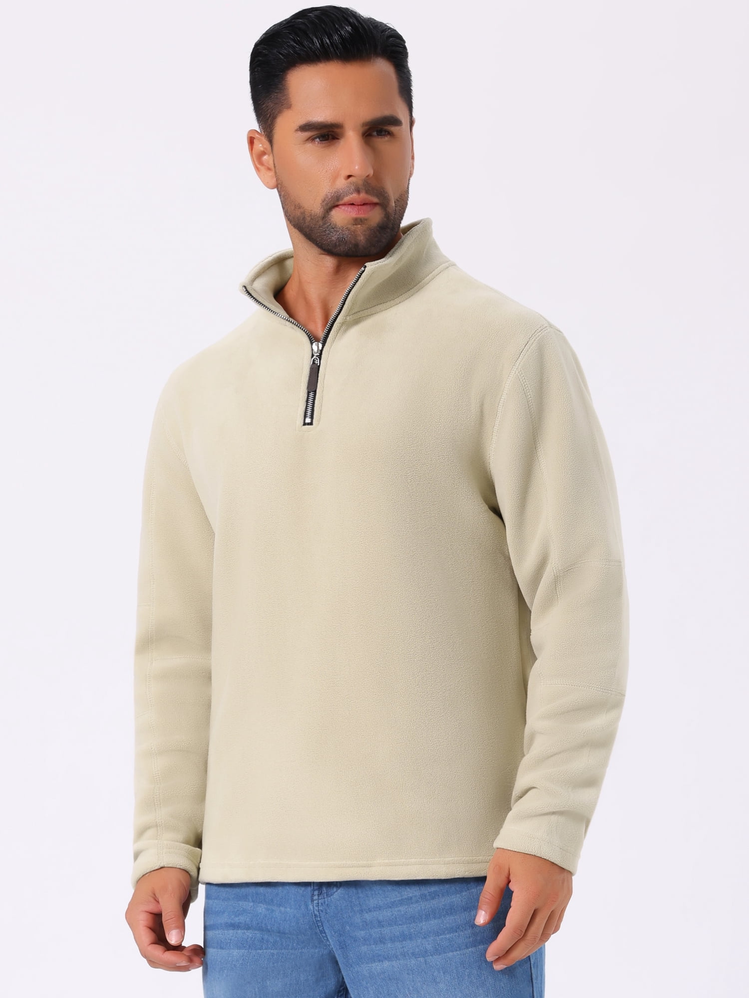 DARING DIVA Men's Solid Stand Collar Half-Zip Long Sleeve Fleece Sweatshirt S Khaki