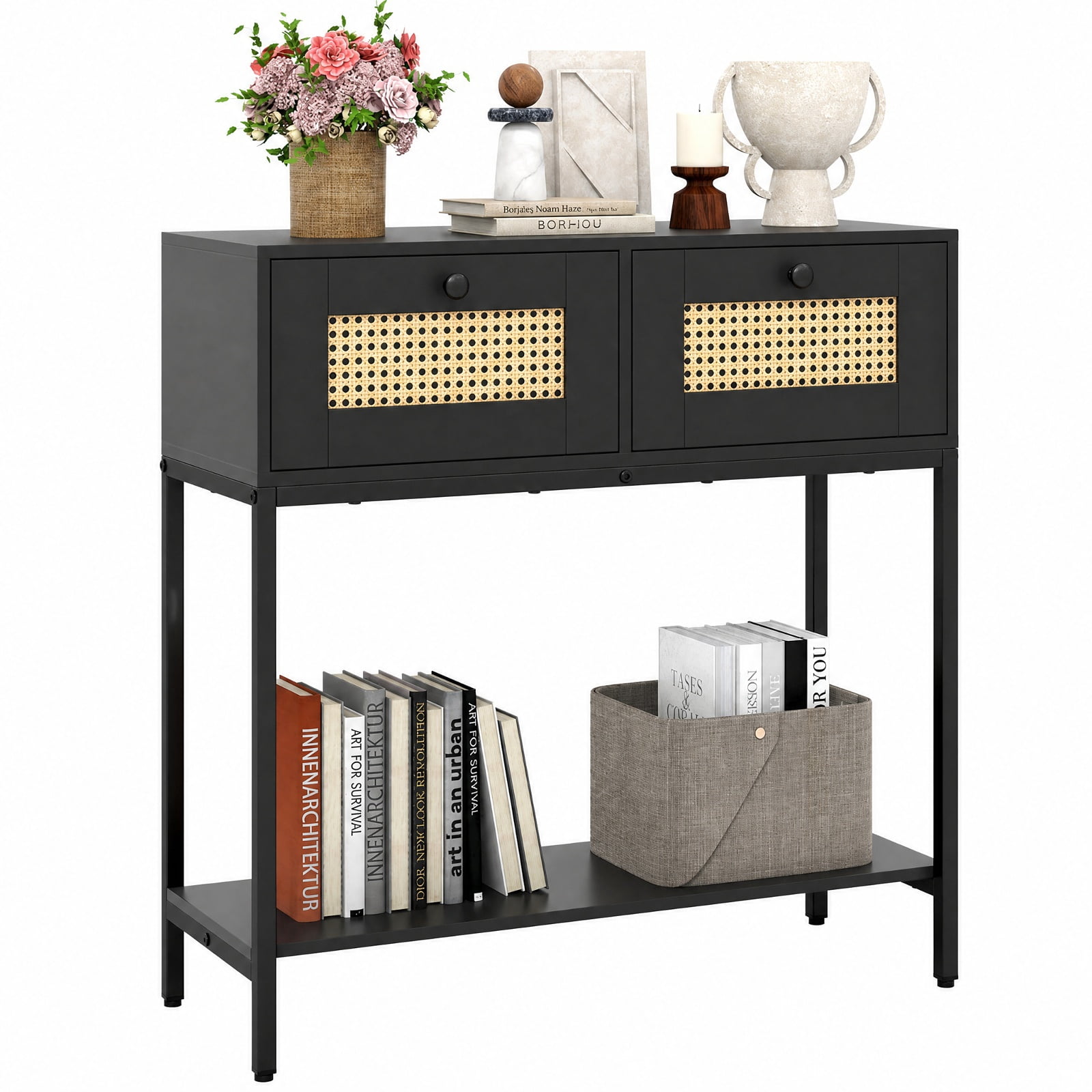 Furnibear Rattan Console Table Boho Entryway Table with 2 Rattan Drawers and Open Storage Shelf for Hallway Living Room, Black