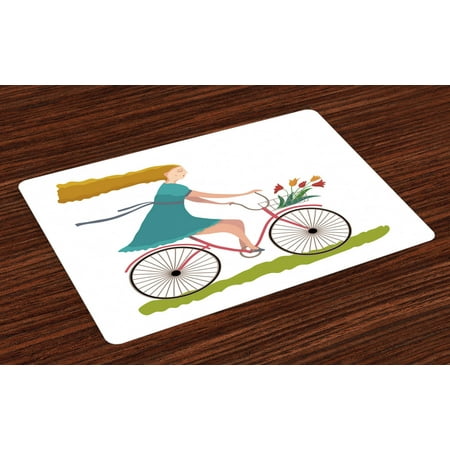 

Bicycle Placemats Set of 4 Young Woman on Bike with Basket of Tulip Flowers Riding in the Spring Countryside Washable Fabric Place Mats for Dining Room Kitchen Table Decor Multicolor by Ambesonne