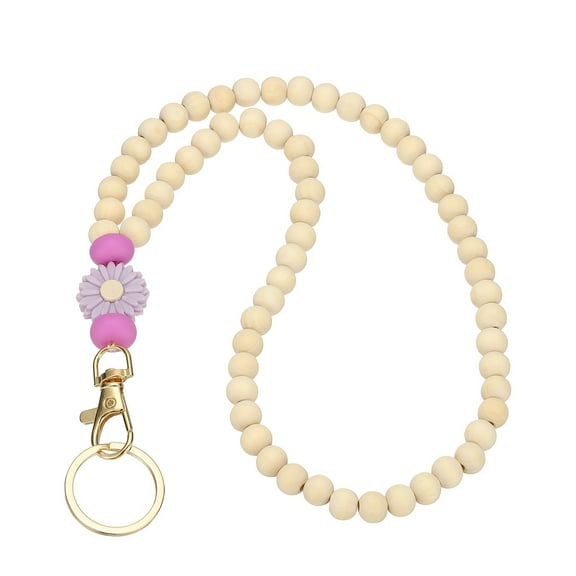 Uxcell Wooden Teacher Lanyards, Retractable Cute Beaded Lanyards for Women ID Badge Keys, Purple