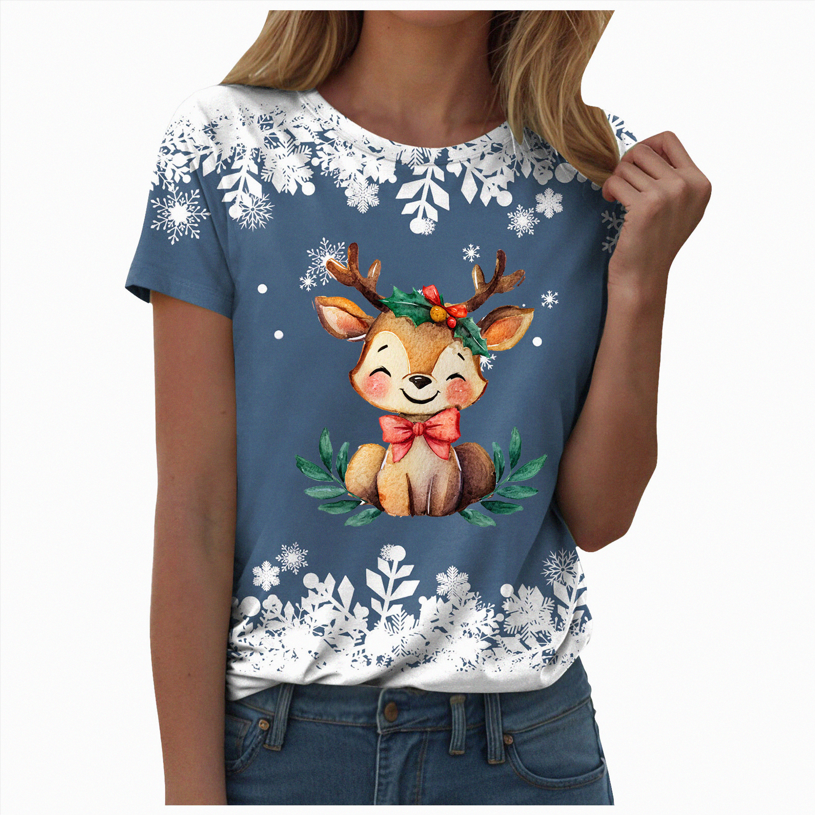 BOLOMI Women's Christmas T-Shirt – Merry Casual Graphic Tee, Buffalo Plaid Tree Design - View #5