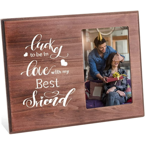 4x6 Inch Photo Frame with Lucky to be in Love with My Best Friend Picture Frame - Engraved Natural Wood Photo Frame - Wedding Birthday Engagement Christmas Graduation Gifts Brown DIY
