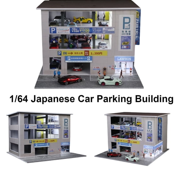 Diorama 1:64 Car Garage Model Japanese Parking Garage Display Case with LED Lighting, Three Times Parking Building Display Box for Die-Cast Car Scene Display Box Collection Storage