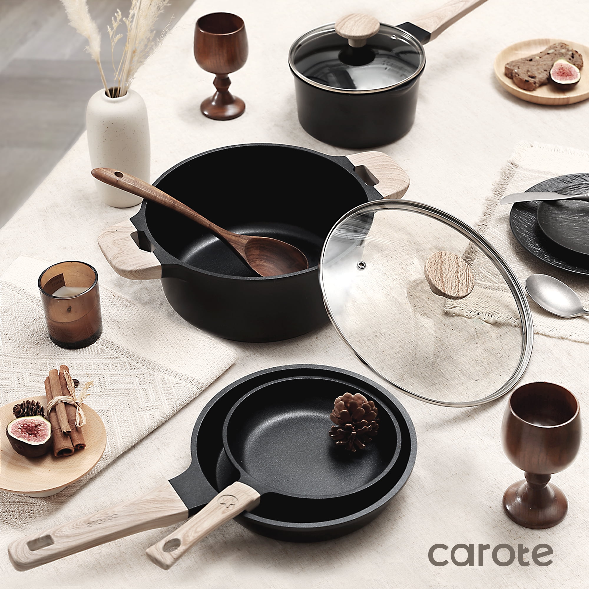 Carote Nonstick Cookware Set 10-Piece,Kitchen Pots and Pans Set,Stay-Cool Handles,Induction Compatible,Cookware Set for RV and Camping,Black