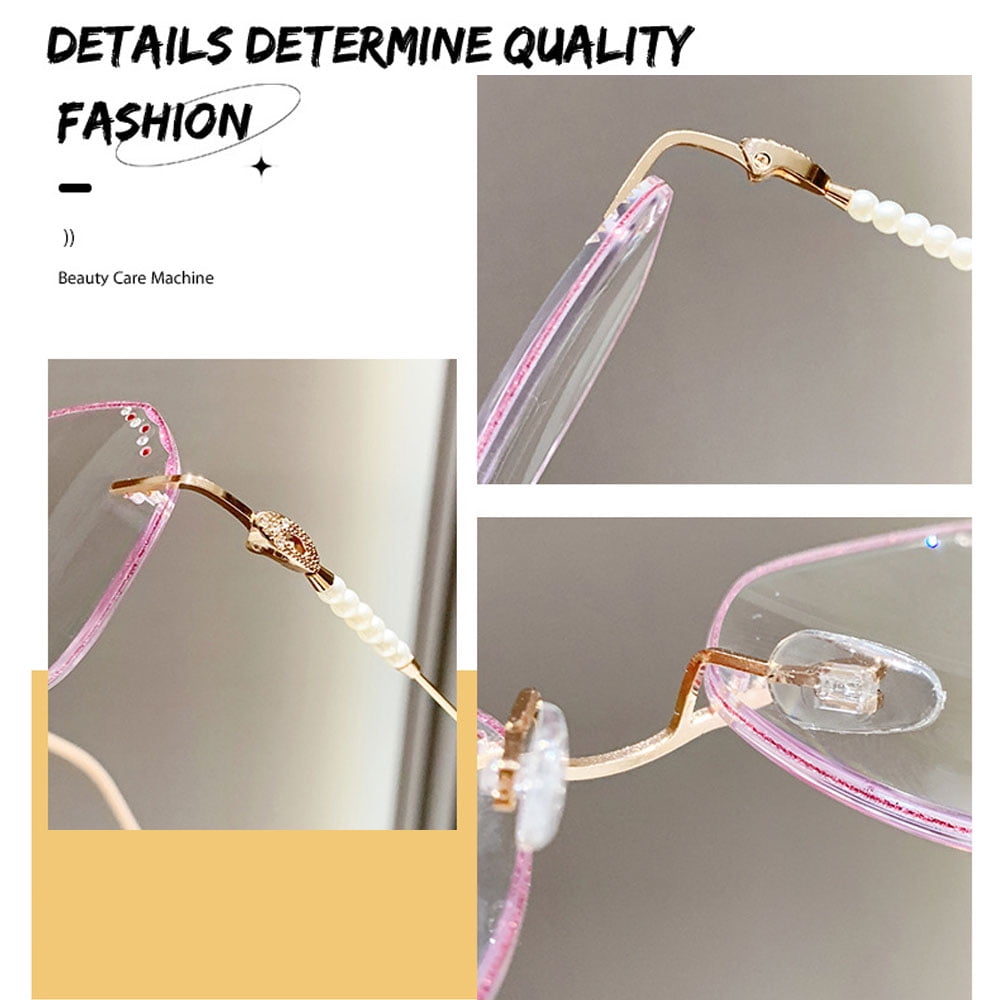 2 Pairs of Women Rimless Diamond Gold Bling Glitter Reading Glasses 2.00. Ladies Elegant Anti-blue Light Pearl Oversized Readers +2.00 Strength