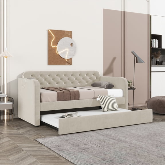 Twin Size Upholstered Daybed with Trundle and USB Charging Design Velvet Upholstered Daybed Frame Twin Sofa Bed for Living Room Bedroom No Box Spri