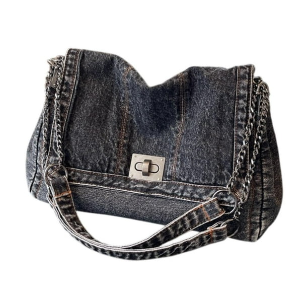 Bolso de hombro de mezclilla para mujer, organizador, bolso de transporte, bolso de mano portátil de estilo retro. Negro