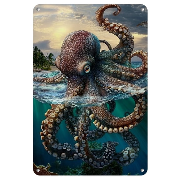 1pc Oceanic Adventure Frameless Metal Tin Sign, 8x12 inches, Artistic Underwater Octopus and Sailboat Wall Art, Home and Office Decor, Nautical Theme