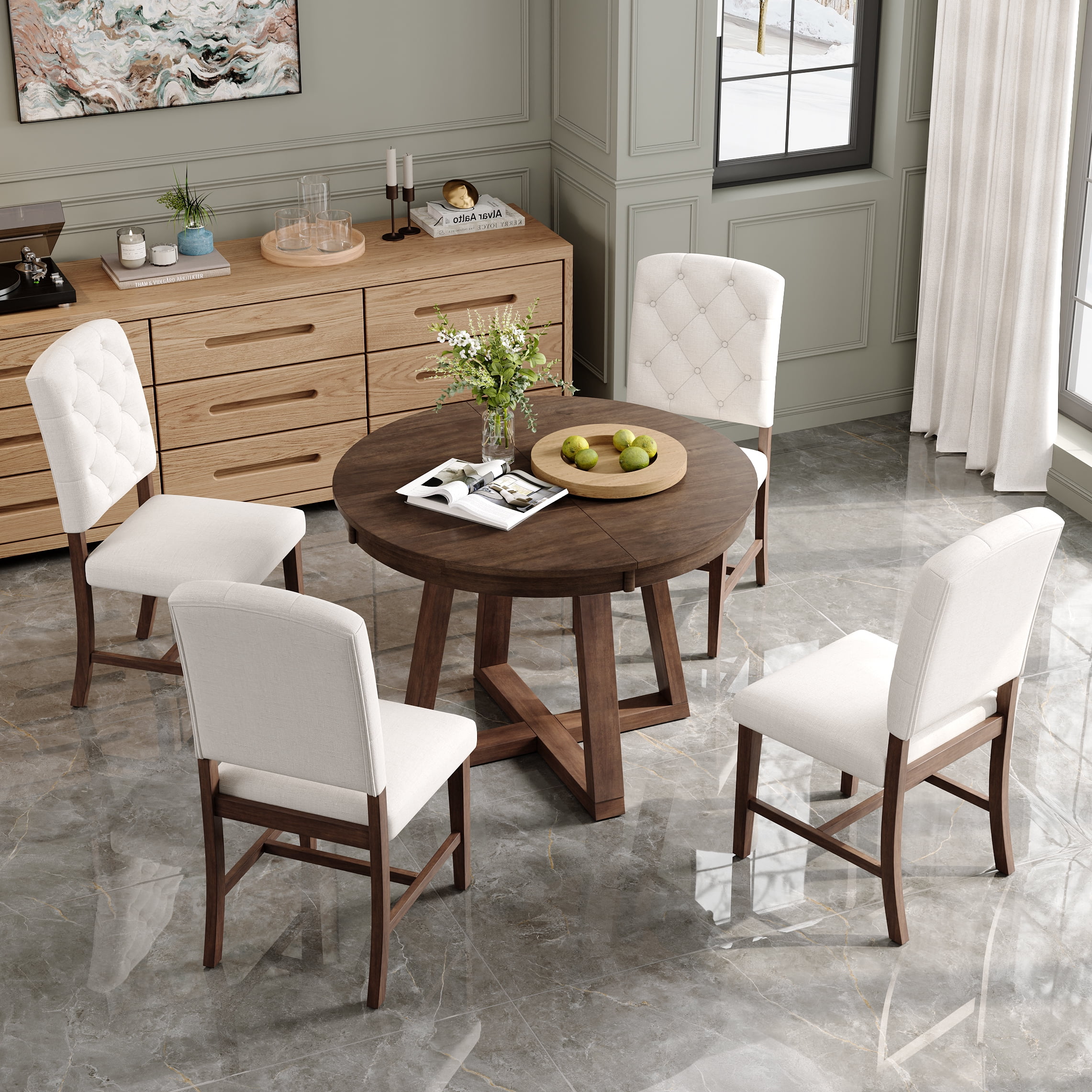 5-Piece Dining Table Set for 5, 42"-58" Extendable Round Dining Table with 4 Upholstered Chairs
