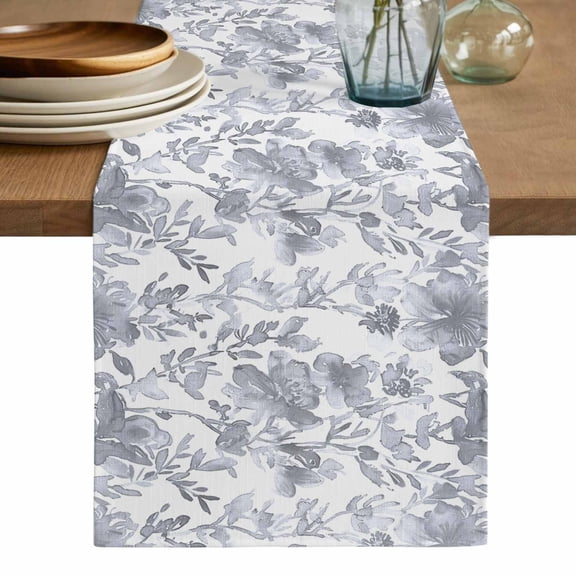 Watercolor Grey Floral Table Runner, Gray Ombre Botanical Summer Washable Cotton Linen Table Runners 72 Inches Long, Dresser Scarf Runner for Dining/Coffee/Kitchen/TV Stands/Cabinets 13''x72''