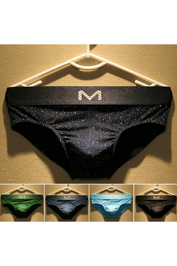 Men Briefs Letter M Stretchy Loose Low Waist Starry Sky Print Patchwork U Convex Underwear Underpants Panties for Bathroom,Black M