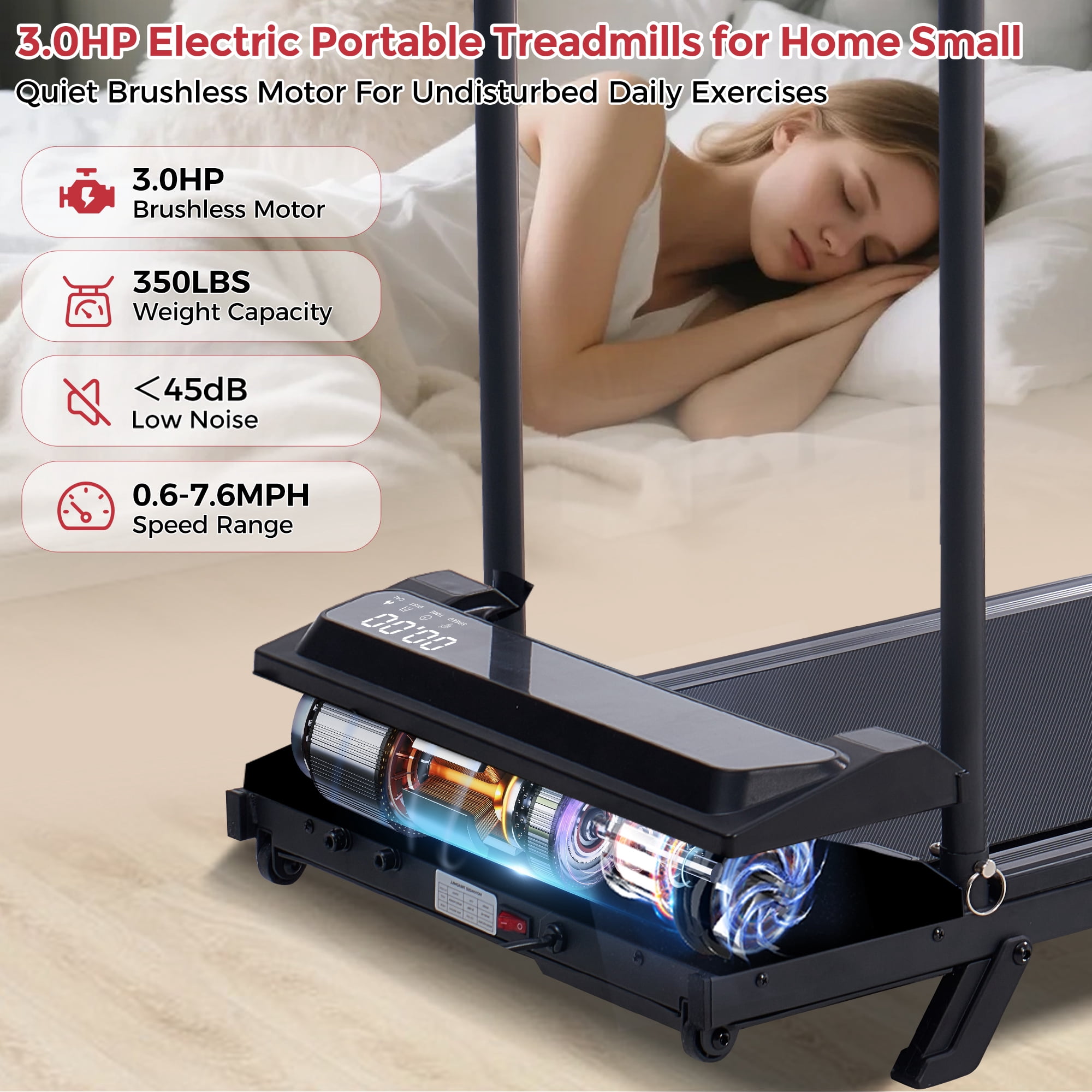 Foldable Walking Pad Treadmill with Handles, 3.0HP Compact Portable Running Machine for Home Fitness, 350LBS Capacity