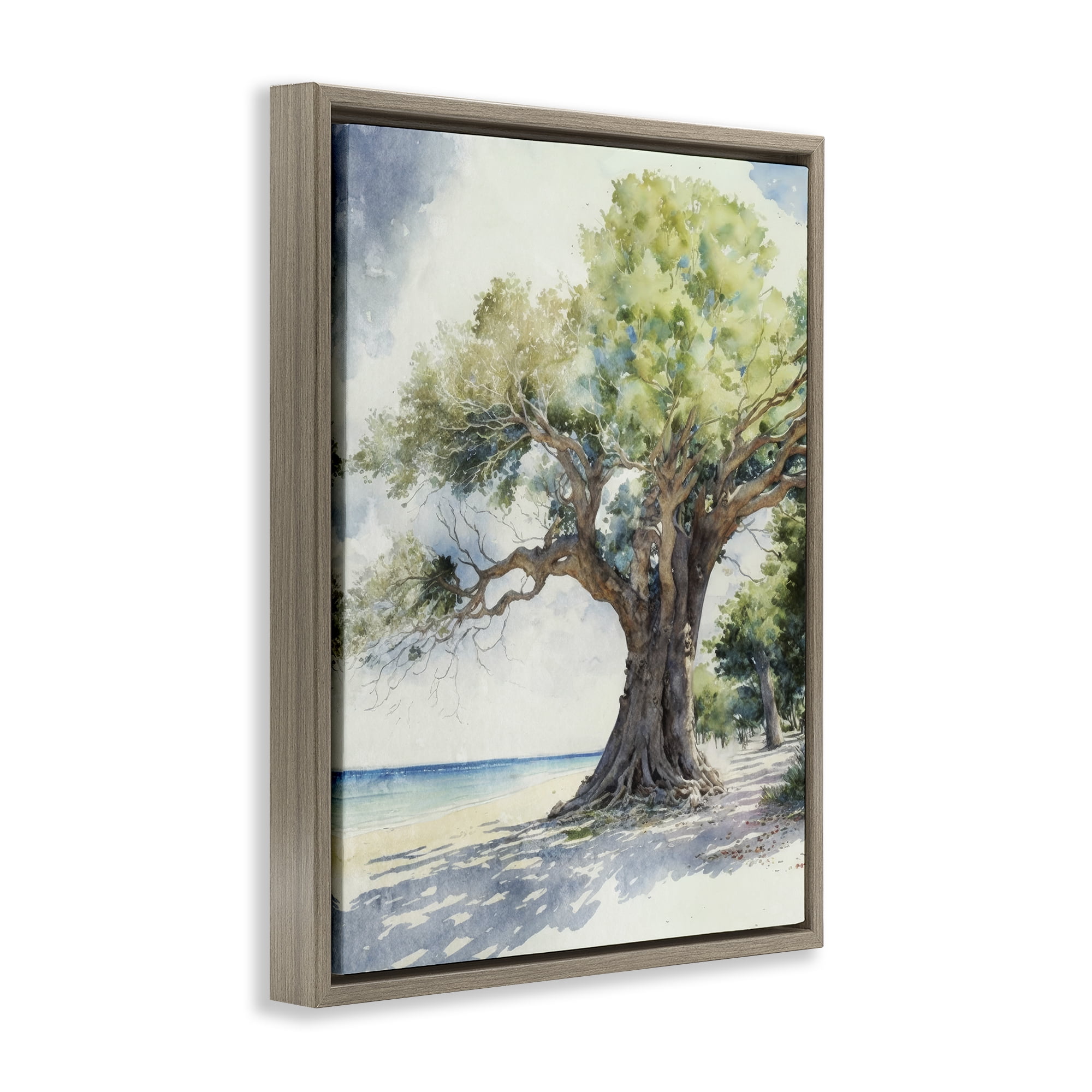 Stupell Industries Watercolor Tree on Shore Nautical & Beach Painting Brown Floater Framed Canvas Art Print Wall Art, 17 x 21