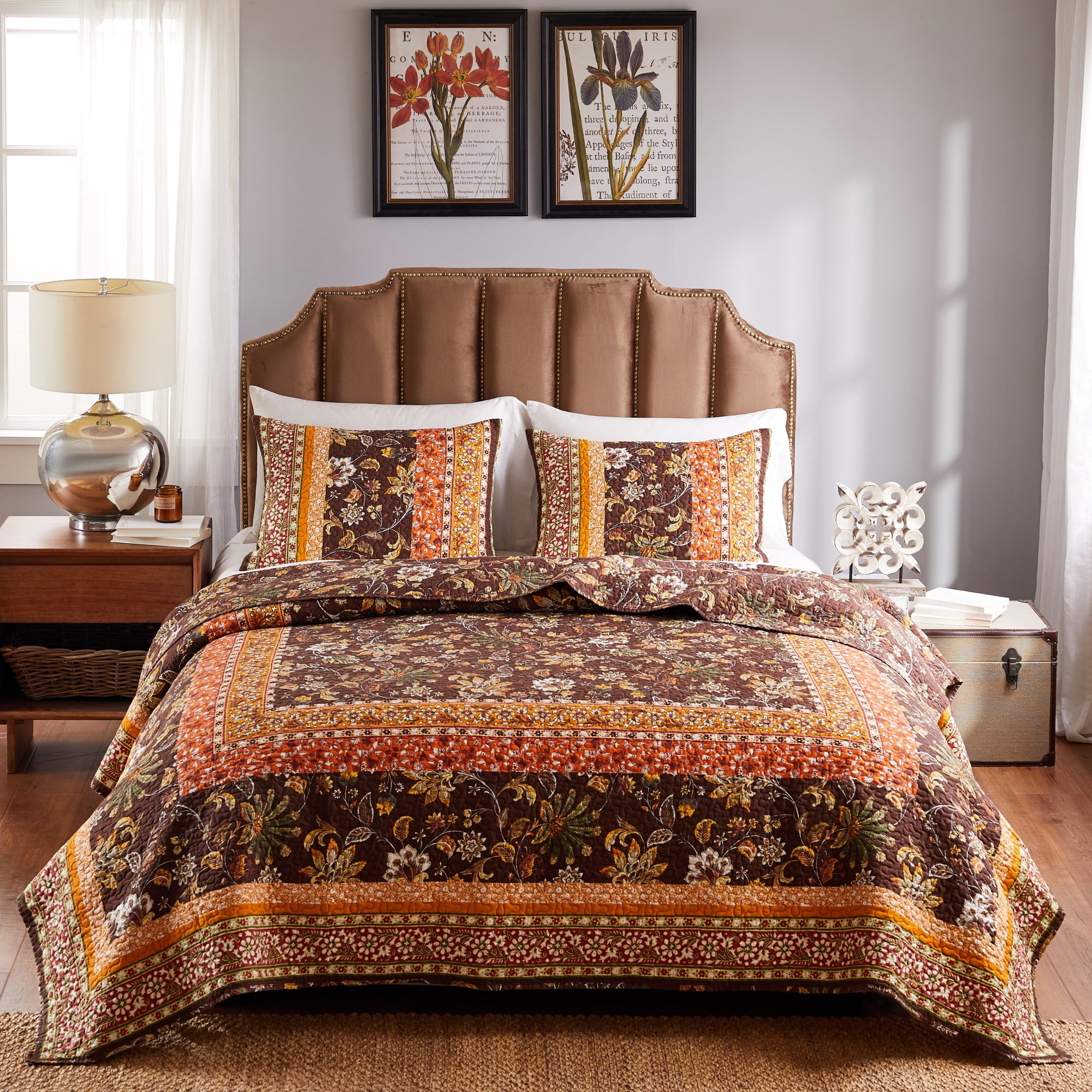 Barefoot Bungalow Audrey Vintage Floral Quilt Set, Reversibe, 2-Piece Twin-XL, Chocolate
