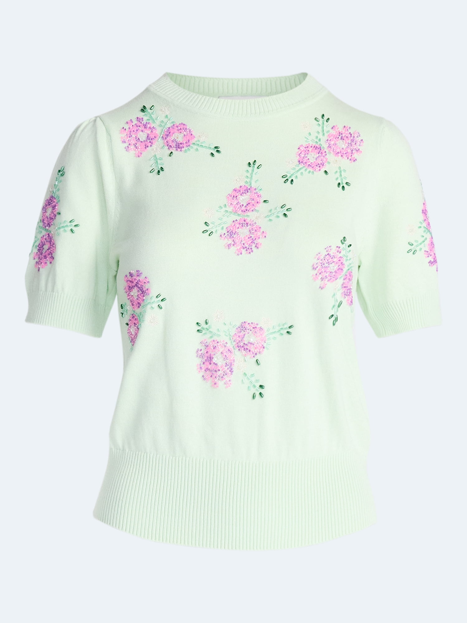 Free Assembly Women's and Women's Plus Beaded Floral Sweater with Puff Sleeves, Lightweight, Sizes XS-4X