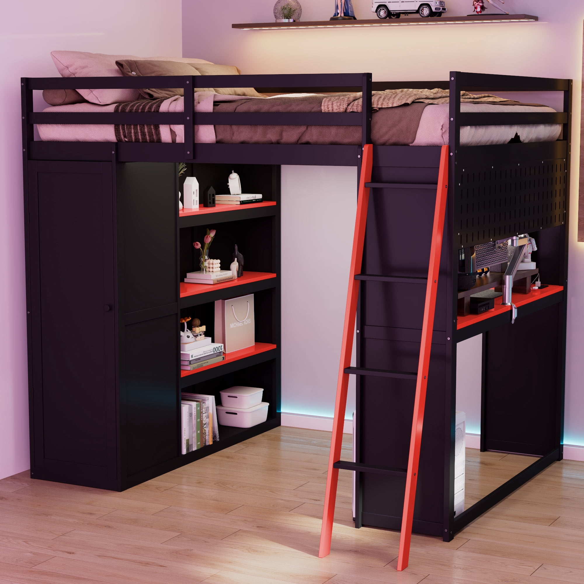 Mintazer Full Size Loft Bed with Wardrobe, Storage Shelves, Desk, Blackout Curtains, Charging Station & RGB Lights Game Bed Frame for Teens, Black & Red