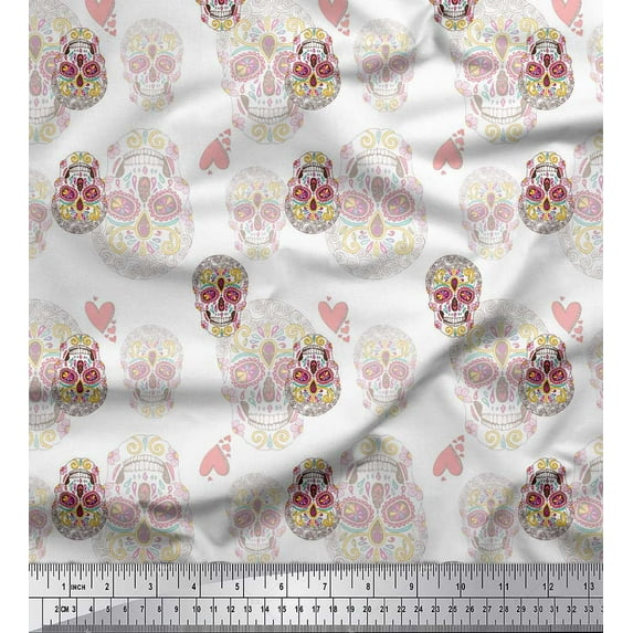 Soimoi White Heavy Satin Fabric Artistic Colorful Skull Print Sewing Fabric Yard 54 Inch Wide