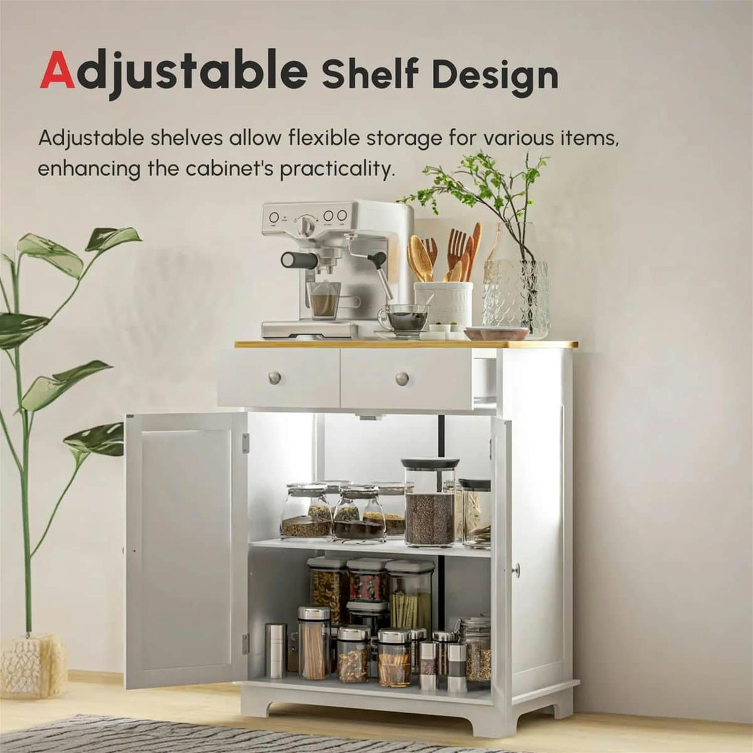 Demi Bonn 33" Kitchen Storage Cabinet Solid Wood Top Sideboard Floor Cupboard, Adjustable Shelf & 2 Drawers for Home Organization, White