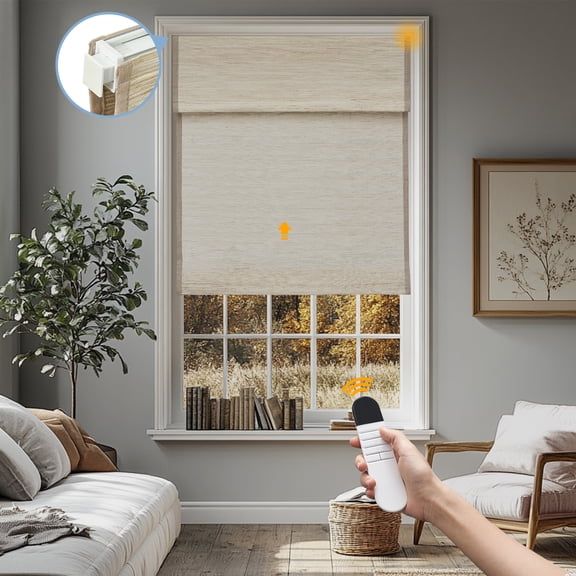 Keego No Drill Motorized Roman Shades Blackout Natural Fabric Rechargeable Electric Window Blinds Remote Control Room Darkening Window Treatment - Beige (with Linen, Block 60%-90% Light) - 39"W x 64"H