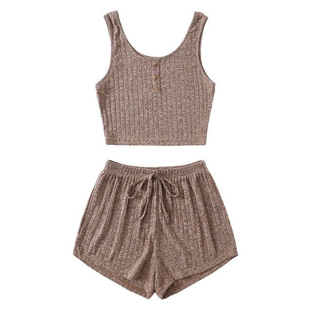 cfhntfmh Women 2 Piece Ribbed Pajama Set Sleeveless Crop Cami Tops and Shorts Lounge Sleepwear Pj Set