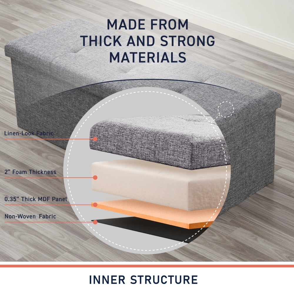 Ornavo Home Foldable Tufted Linen Large Storage Ottoman Bench Foot Rest Stool/Seat - 15" x 43" x 15"