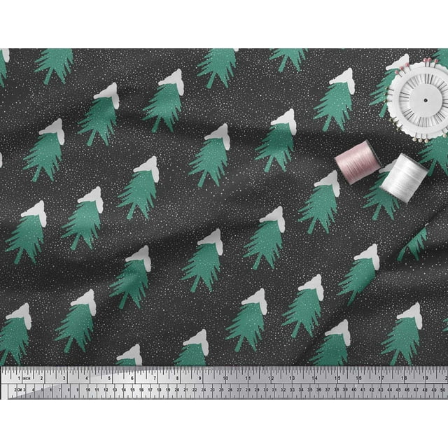 Soimoi Silk Fabric Snow & Tree Christmas Print Sewing Fabric Yard 42 Inch Wide