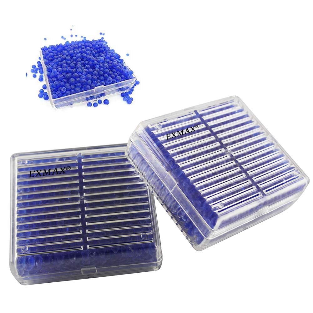 EXMAX Blue Indicating Silica Gel Beads(2-4mm) Desiccant Functional Hard Plastic Canister Dehumidifier Moisture Absorb Box Dryer for Camera Microscopes Telescopes - 10 Pack