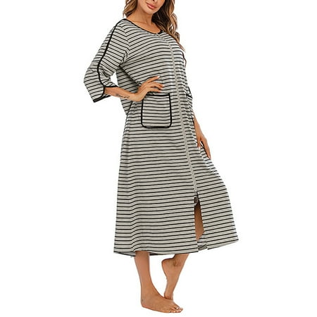 

Crewneck Nightgown Pocket Polyester Striped Nightshirt For Home Bedroom Gray XXL