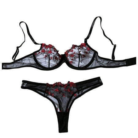 Black Large Low Waist Lace Plus Size Corsets for Women Lingerie Flower Embroidery Fun Underwear Plus Size Hell Bunny Sweet Women s Bra Set