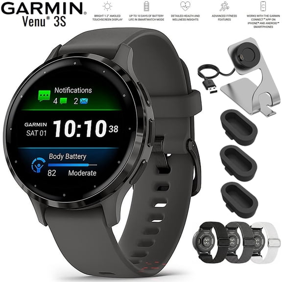 Garmin Venu 3S Health Fitness GPS Smartwatch Steel Bezel with Pebble Gray Case 41mm 010-02785-00 Bundle with Nylon Elastic Bands 18mm 3 Pack, Charging Dock and Silicone Dust Cover 3 Pack