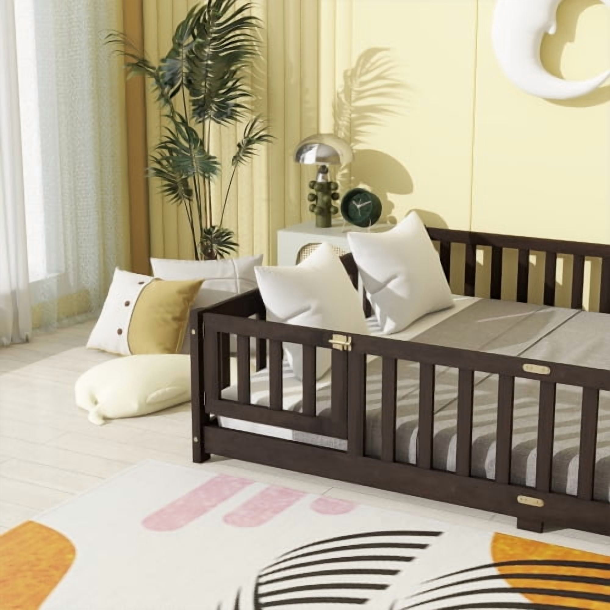 HOCOMILA Queen Size Floor Bed with Fence, Montessori Floor Bed with Slats and Safety Guardrails, Wood Queen Bed, Espresso