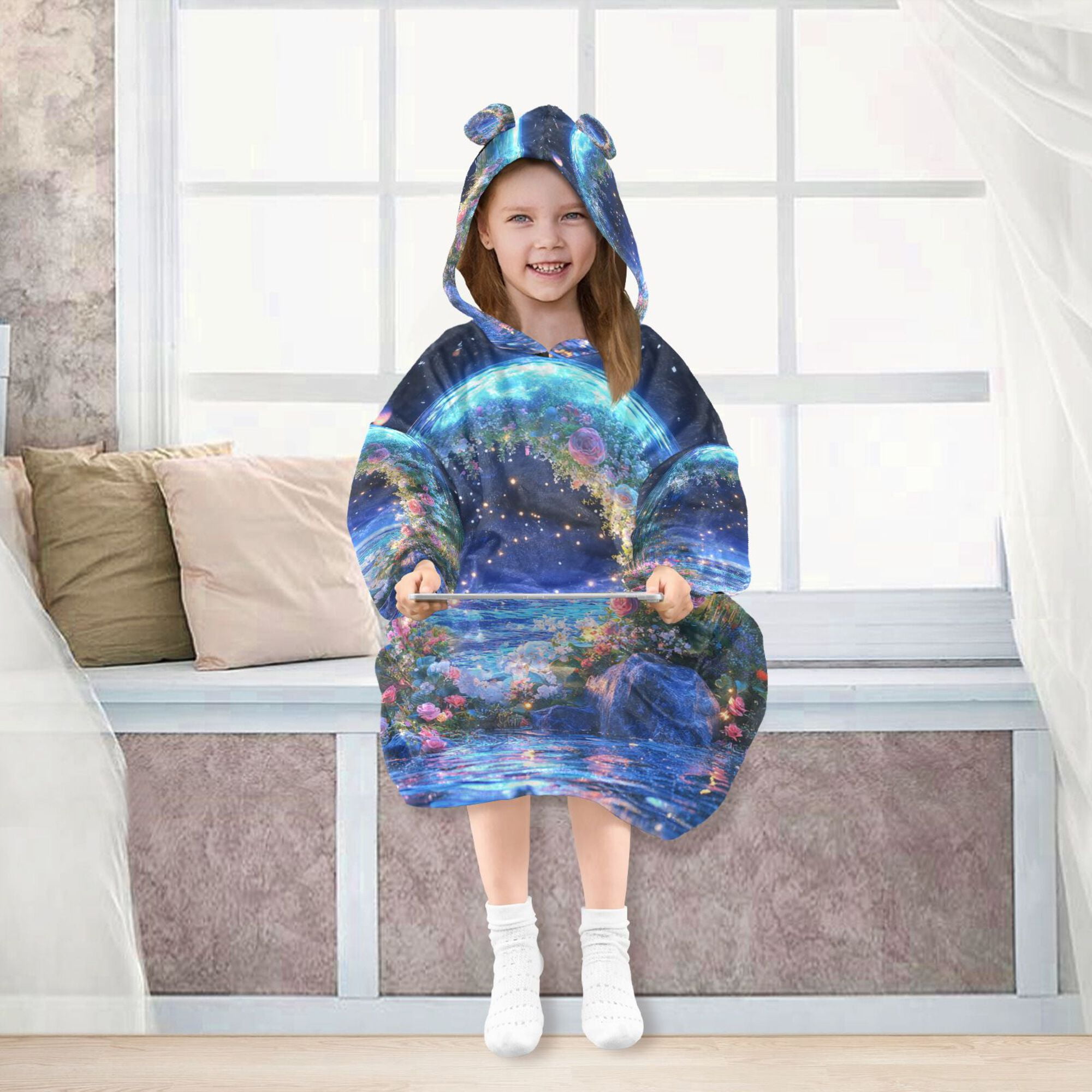 FORMRS Wearable Blanket Hoodie with Sleeves for Kids Cozy Flannel Sweatshirt, Beautiful Floral Moon