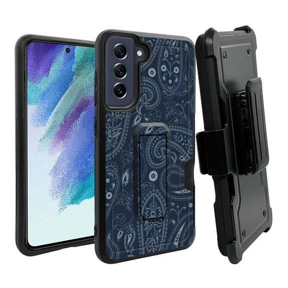 ANJ+ Rugged Dual Layer Hybrid Holster Kickstand Case w/ Card Slot + Tempered Glass Cover for Samsung Galaxy S21 FE 5G - Dark Blue Paisley