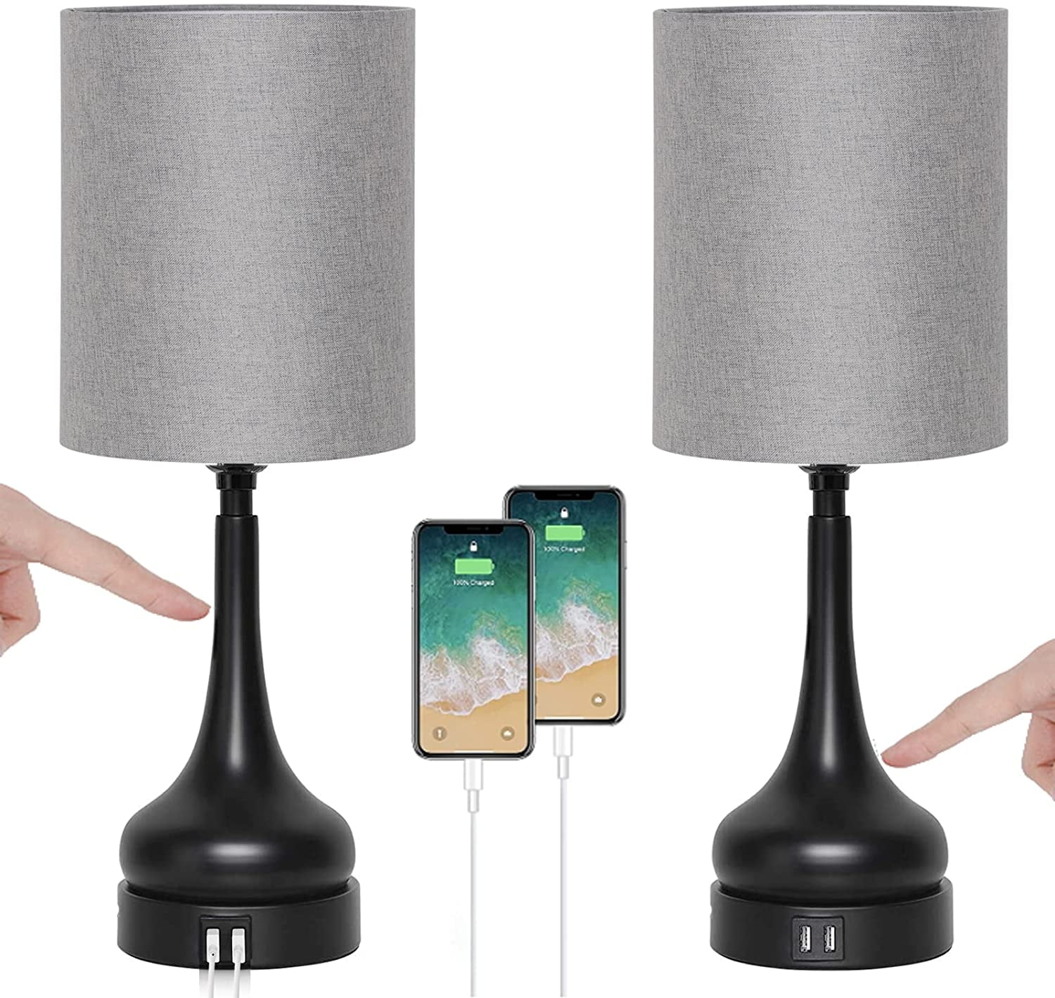 Touch Bedside Lamps with Dual USB Ports, Grey Fabric and Black Vase Base Lamps Without Bulb