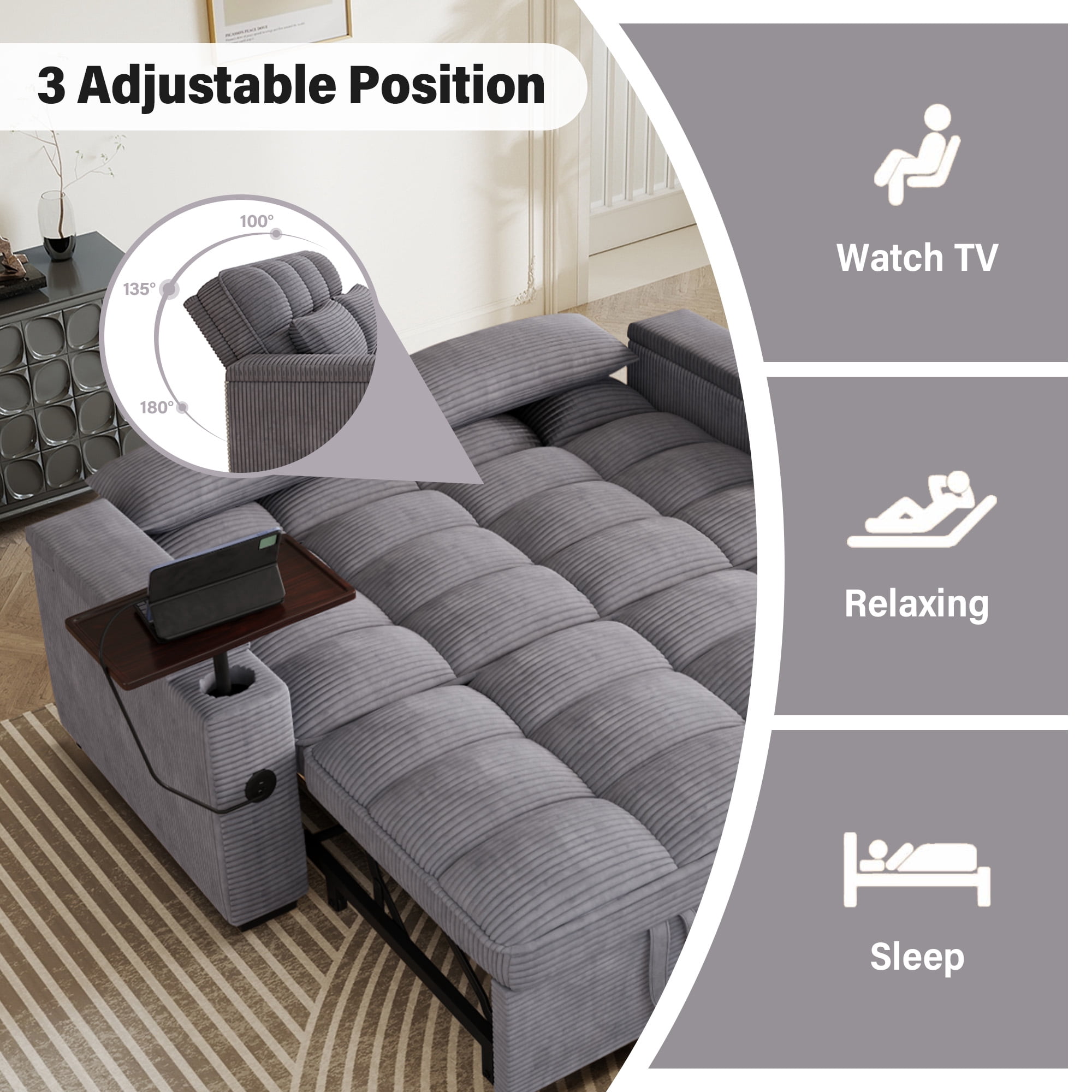 Aukfa 65"W Convertible Sofa Bed with Storage, 3-in-1 Corduroy Queen Sleeper Sofa Couch with 360° Swivel Side Table & USB /Type-C Ports,Gray
