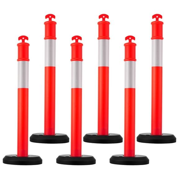 KFFKFF Set of 6 Traffic Delineator Posts, 48-Inch Safety Cones with Fillable Base and Reflective Strips, Durable Posts for Construction Zones, Parking Areas, and Crowd Management, Red