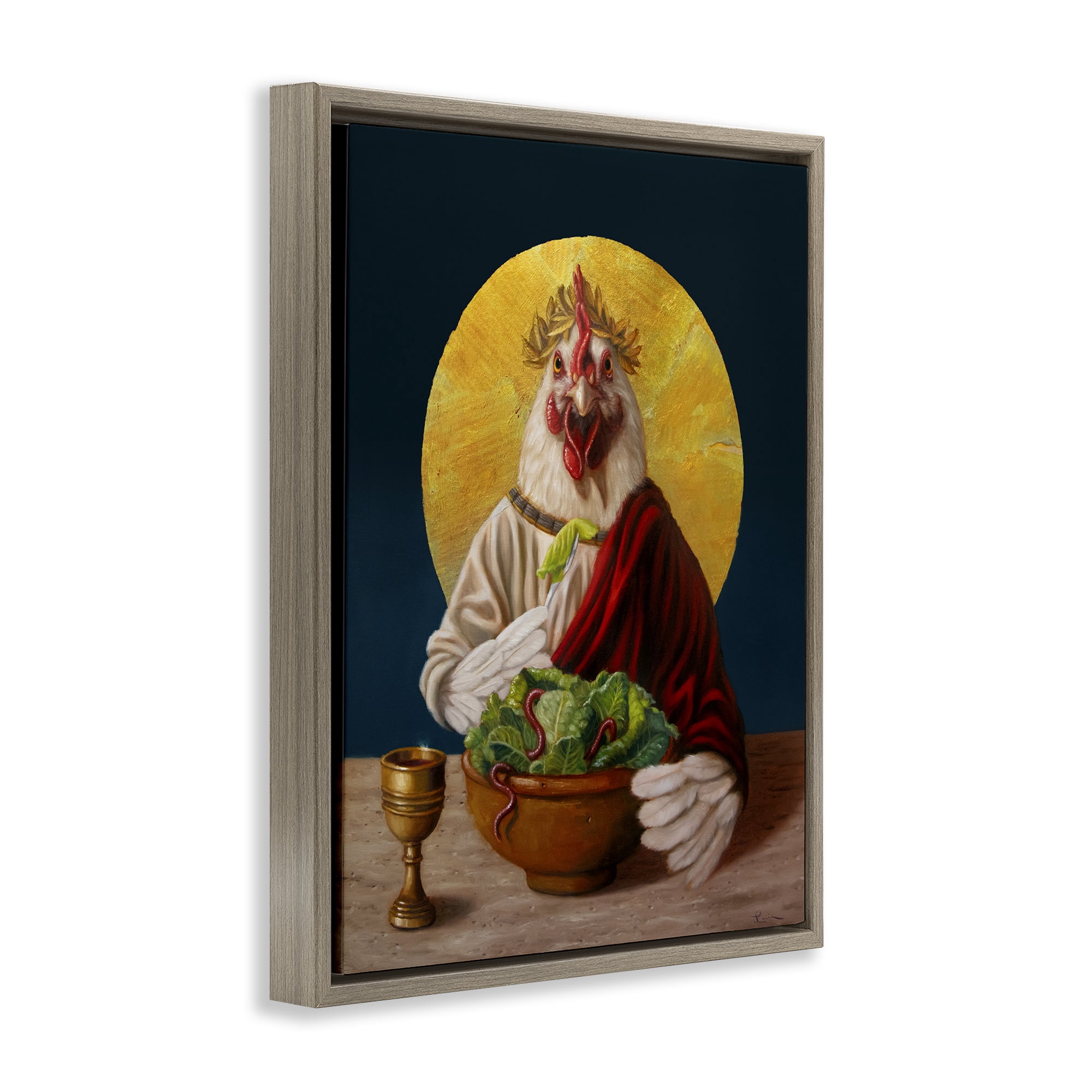 Stupell Industries Classic Hen with Meal Novelty & Humor Painting Brown Floater Framed Canvas Art Print Wall Art, 17 x 21