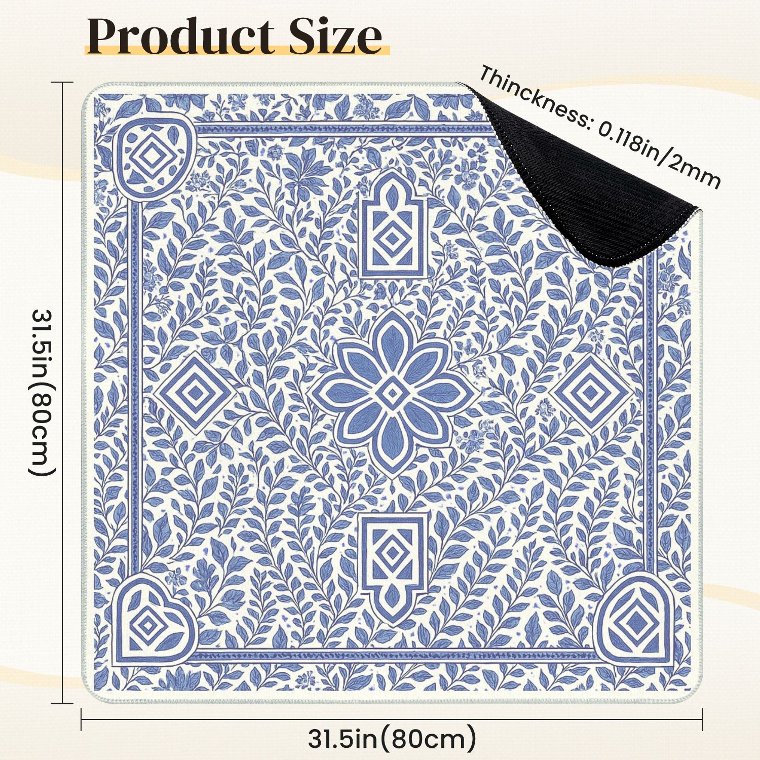 Mahjong Mat 31.5" x 31.5" Blue Floral Geometric Shapes Decorative Details Anti-Slip and Noise Reduction Symmetry Design Mahjong Tiles Table Cover for Dominoes Poker Card Board and Tile Games