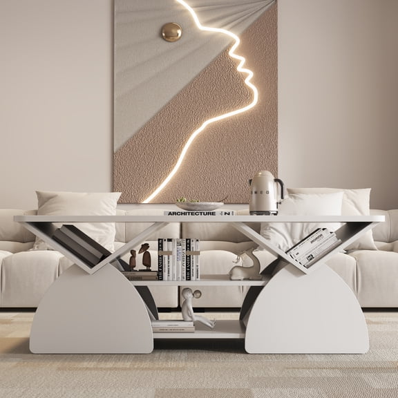 YIYADO Rectangular Coffee Table with Open Shelves, Modern Coffee Table Geometric Design, Suitable for Reception Room, Living Room, White