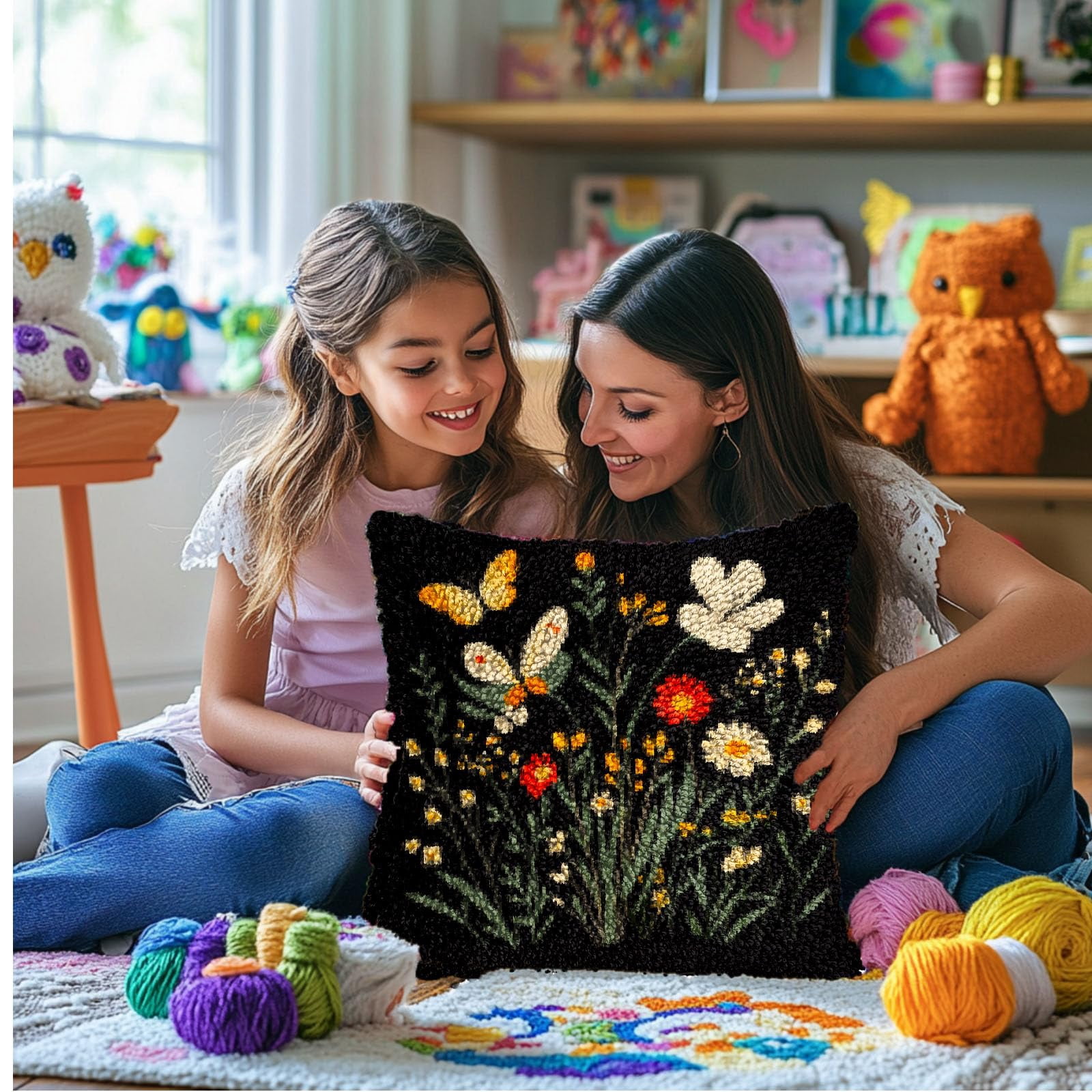 DIY Latch Hook Pillow Kits for Adults Wild Flowers and Butterflies Printed Pillowcase Crochet Yarns Hooking Handmade Pillow Cover Cushion for Home Sofa Decoration 17x17inch-1