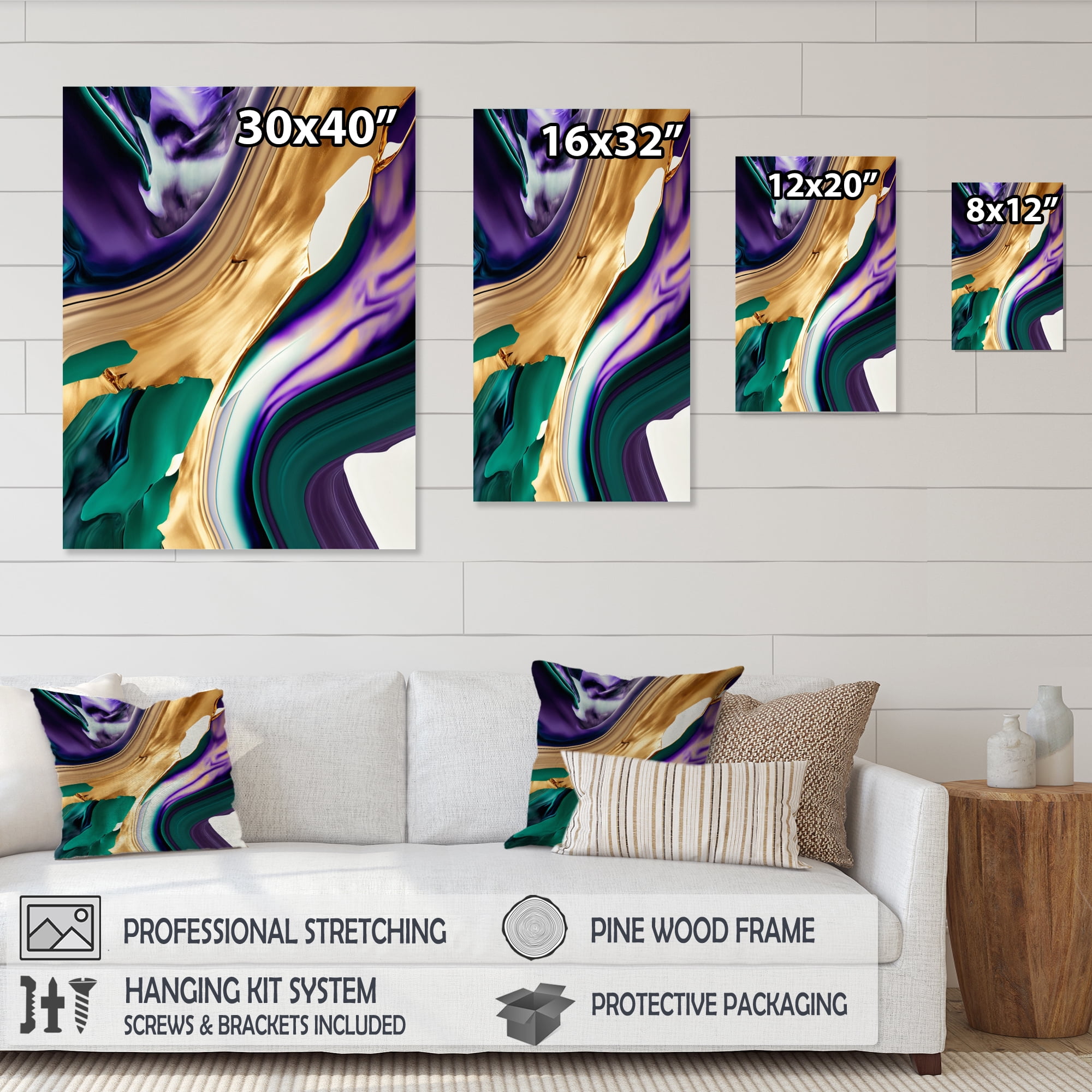 Designart Purple, Green And Gold Bold Strokes I Canvas Wall Art